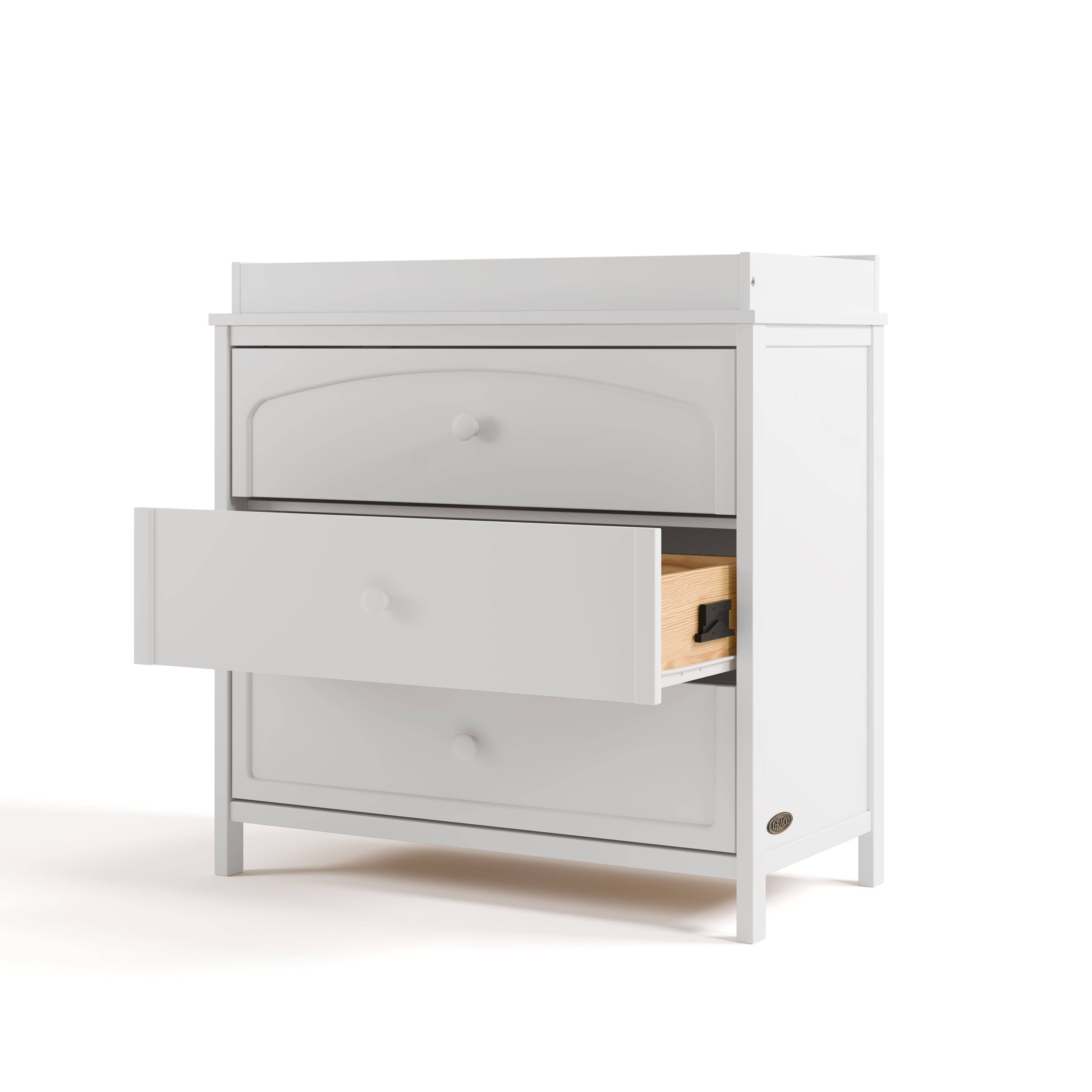 Olivia white 3 drawer chest with changing topper with middle drawer open angle view