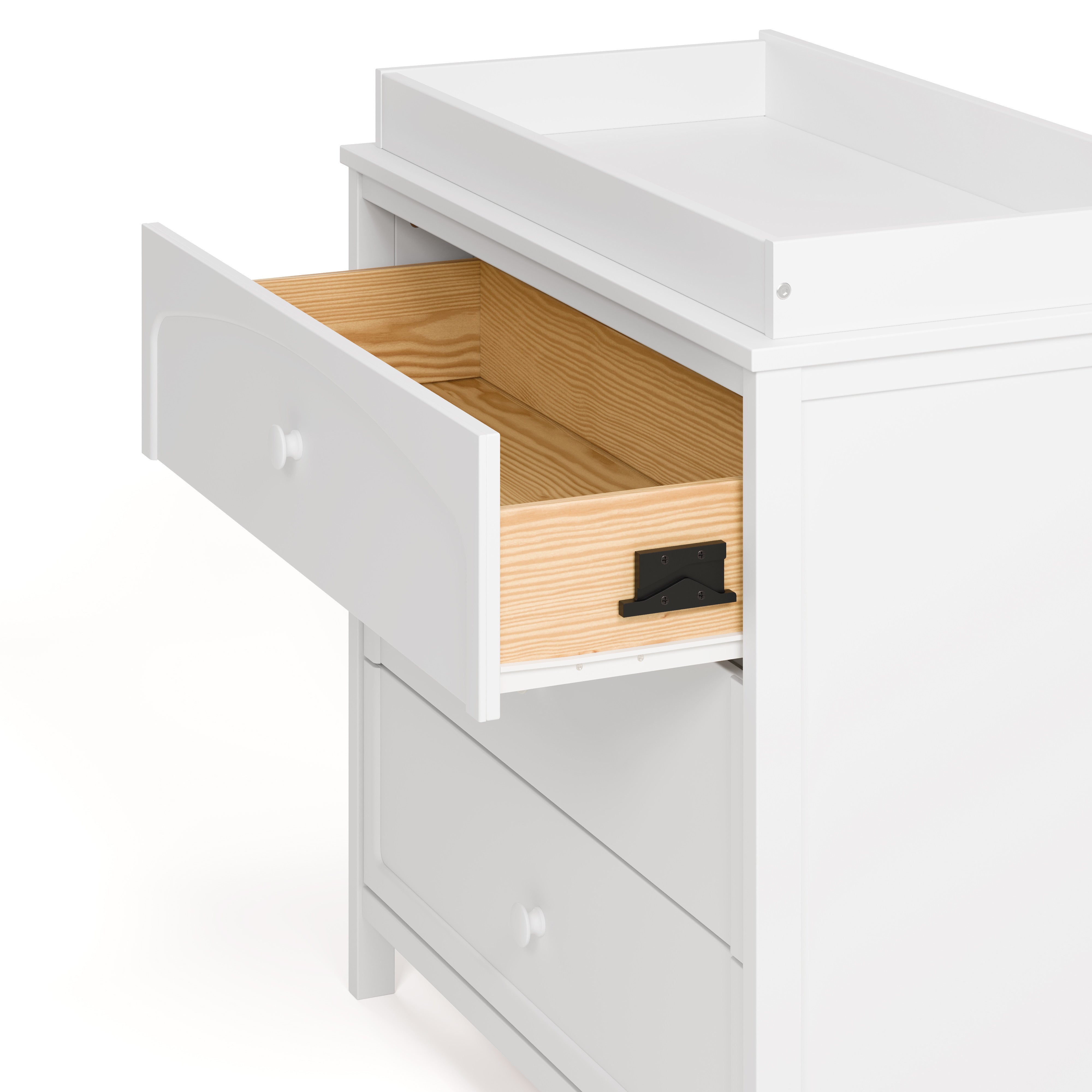 Olivia white 3 drawer chest with changing topper with top drawer open showing interlocking drawer mechanism
