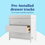 Olivia white 3 drawer chest with changing topper pre-installed drawer tracks callout