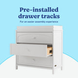 Olivia white 3 drawer chest with changing topper pre-installed drawer tracks callout