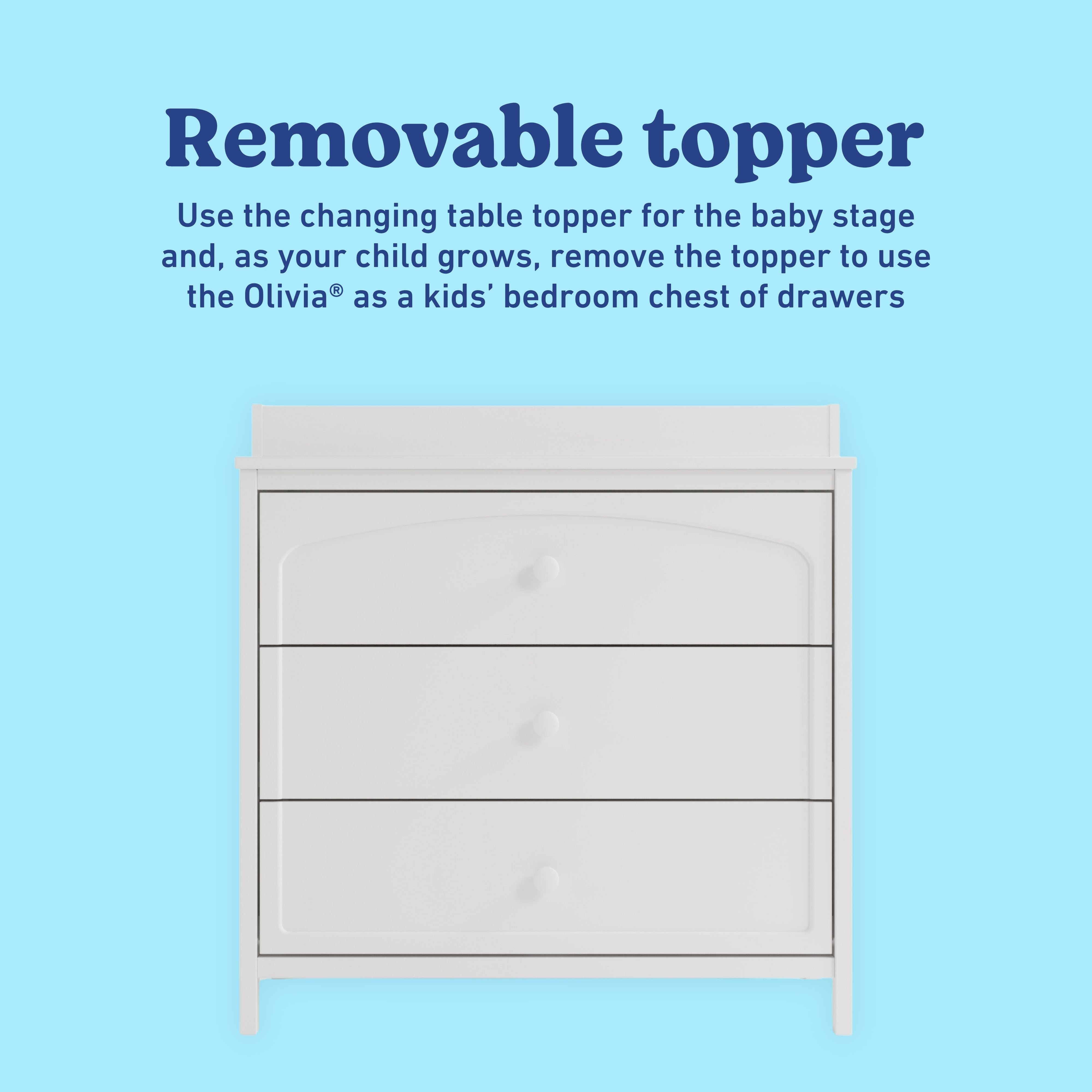 Olivia white 3 drawer chest with changing topper removable topper callout
