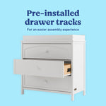 Olivia white 3 drawer chest with changing topper pre-installed tracks callout