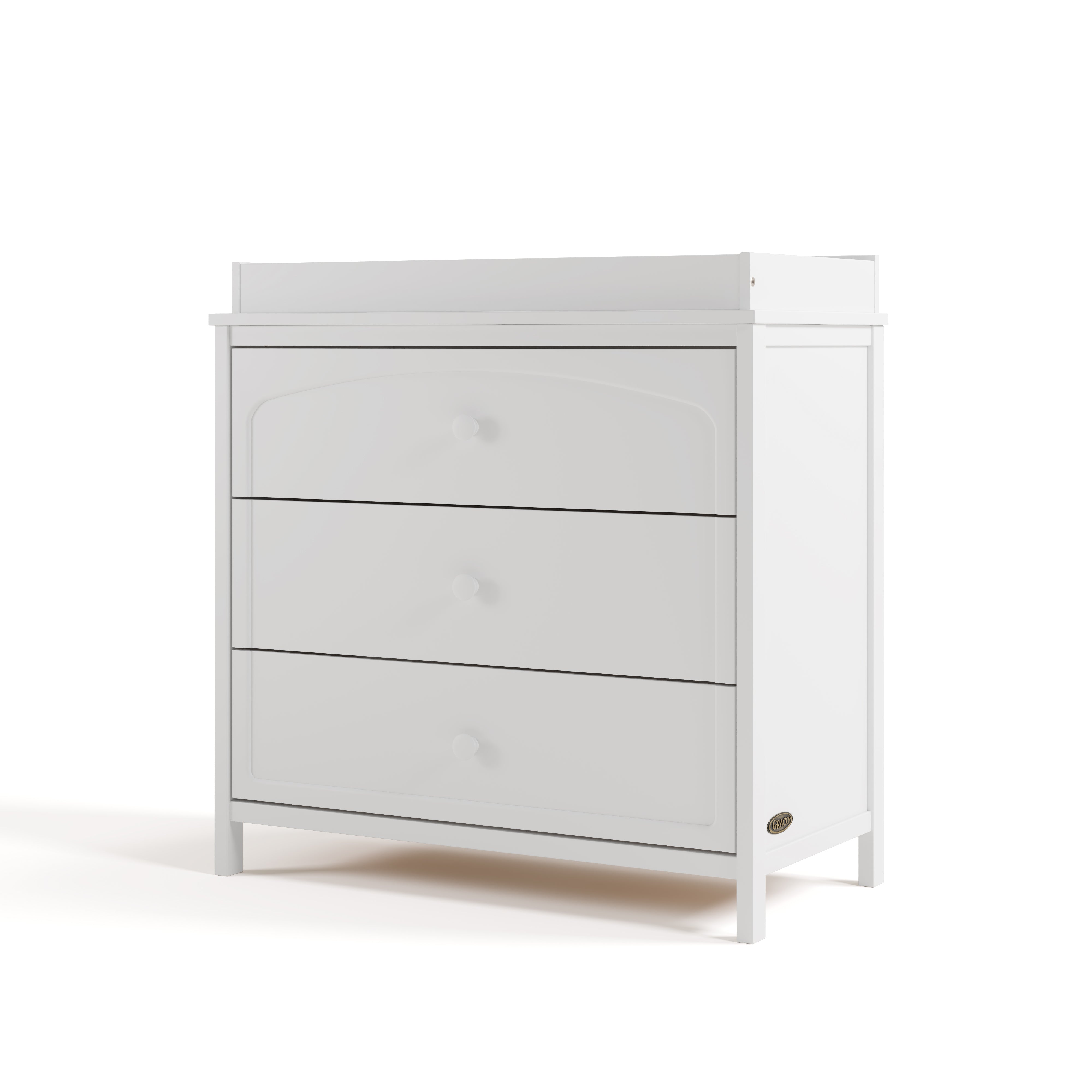 Olivia white 3 drawer chest with changing topper angle view