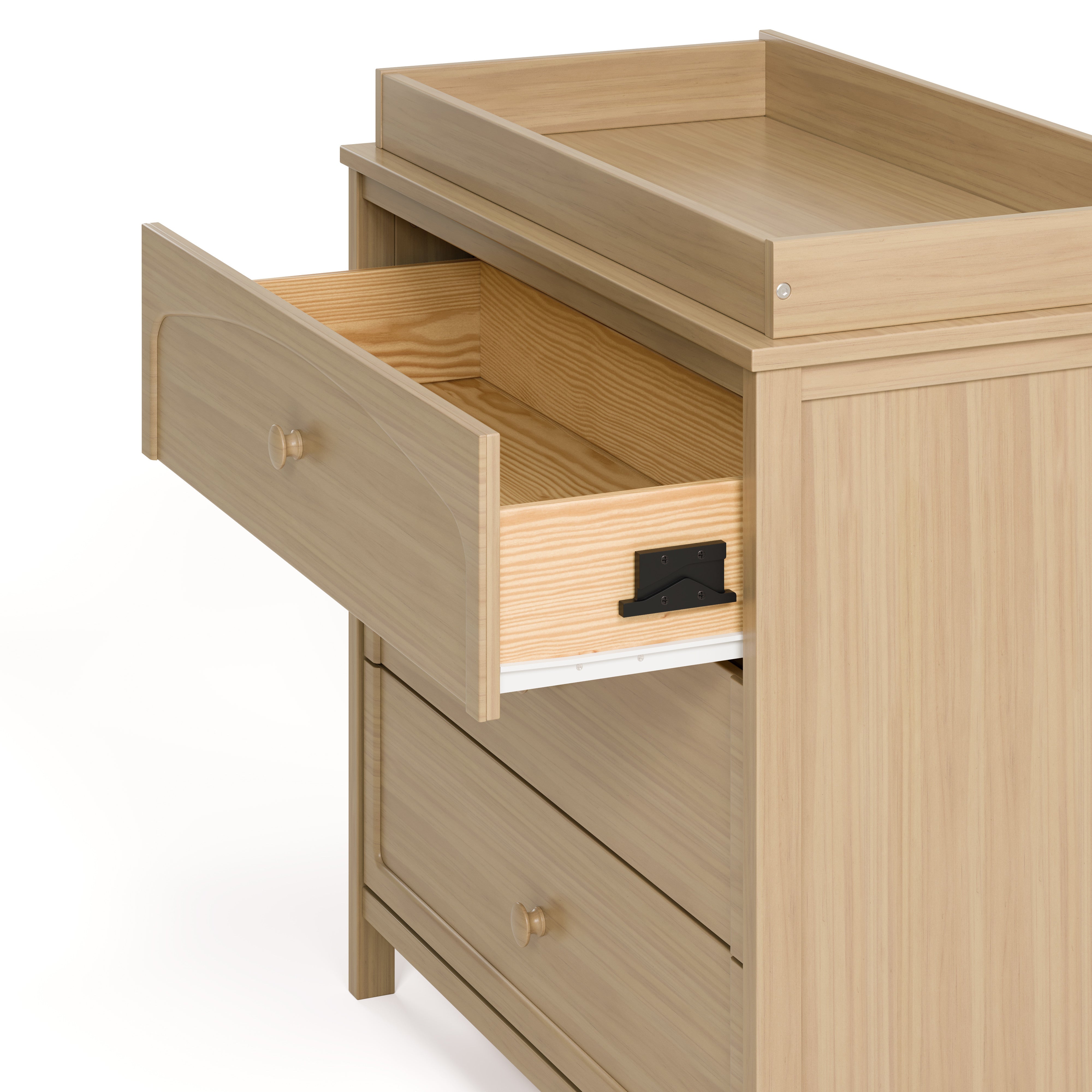 Olivia driftwood 3 drawer chest with changing topper with top drawer open showing interlocking drawer mechanism