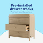Olivia driftwood 3 drawer chest with changing topper pre-installed drawer tracks callout