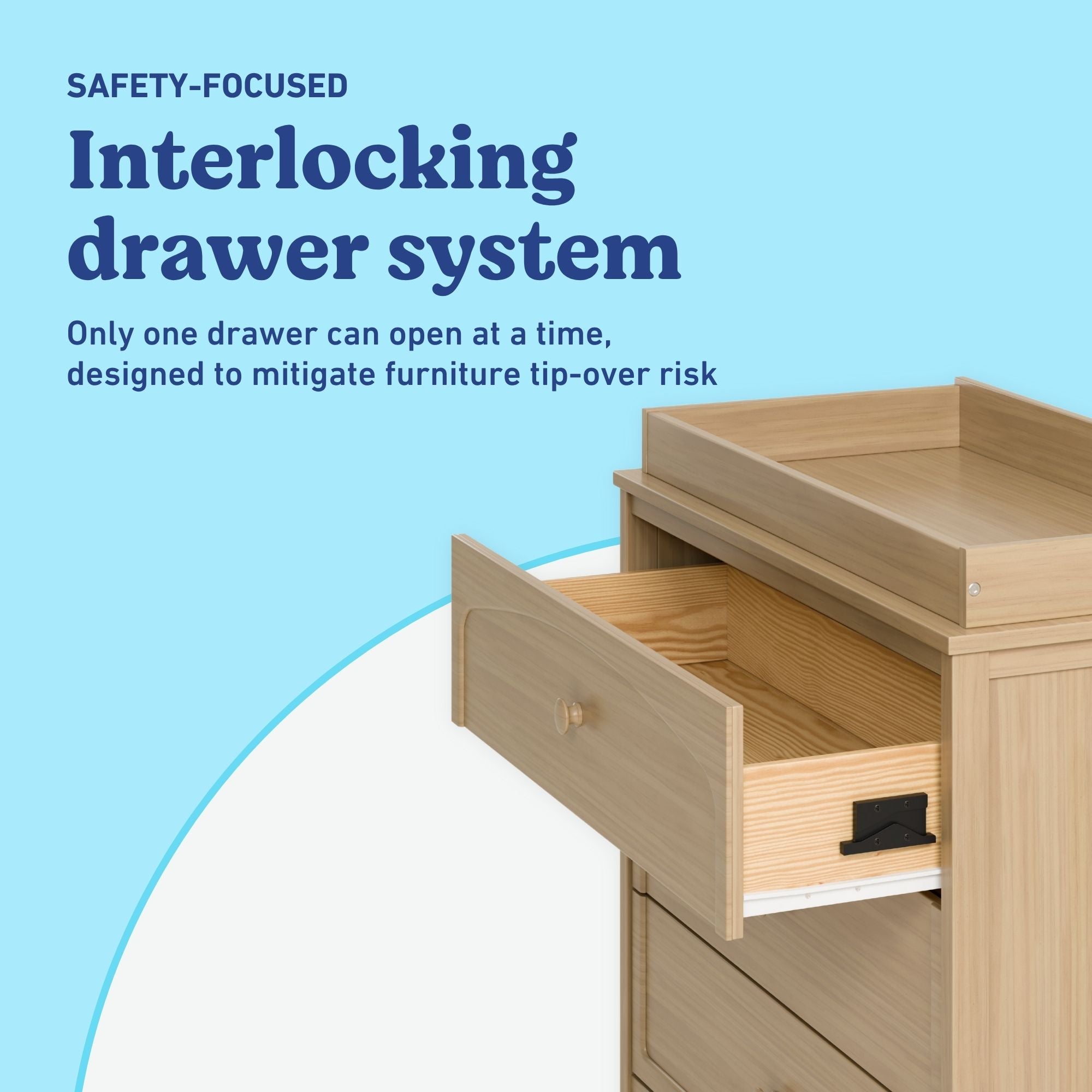 Olivia driftwood 3 drawer chest with changing topper interlocking drawers callout