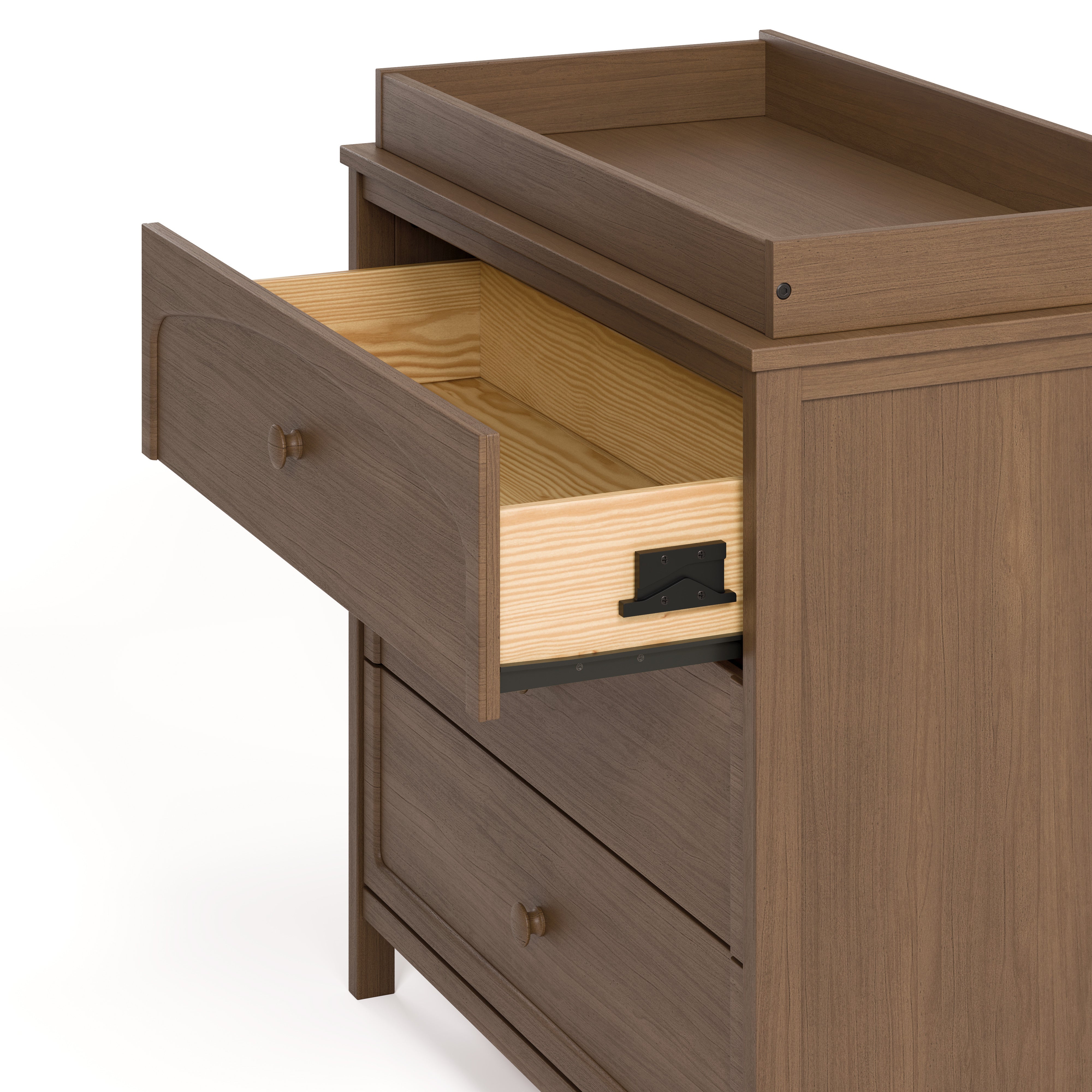 Olivia hazelnut 3 drawer chest with changing topper with top drawer open showing interlocking drawer mechanism