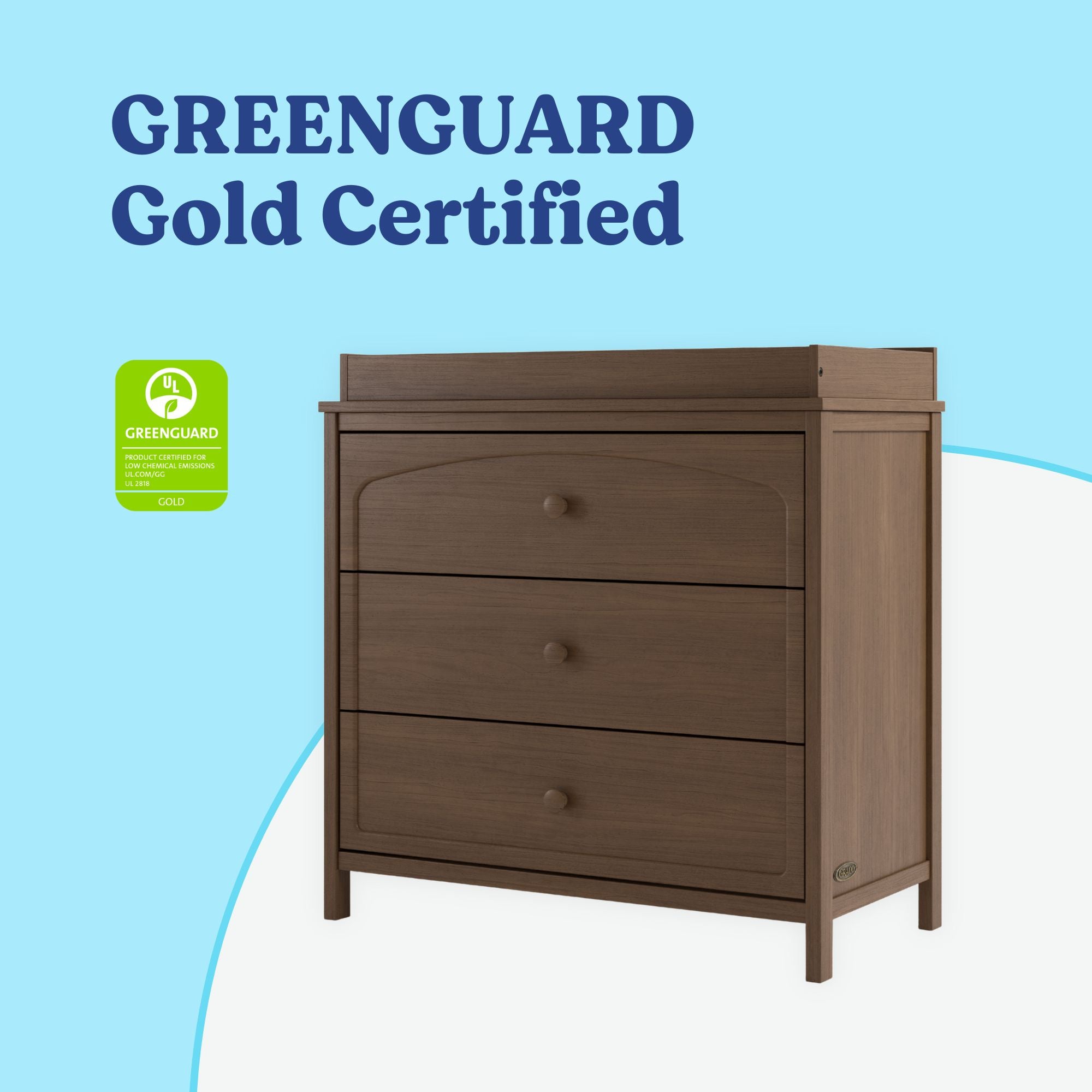 Olivia hazelnut 3 drawer chest with changing topper GGG certified callout