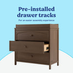 Olivia hazelnut 3 drawer chest with changing topper pre-installed drawer tracks callout