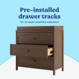 Olivia hazelnut 3 drawer chest with changing topper pre-installed drawer tracks callout