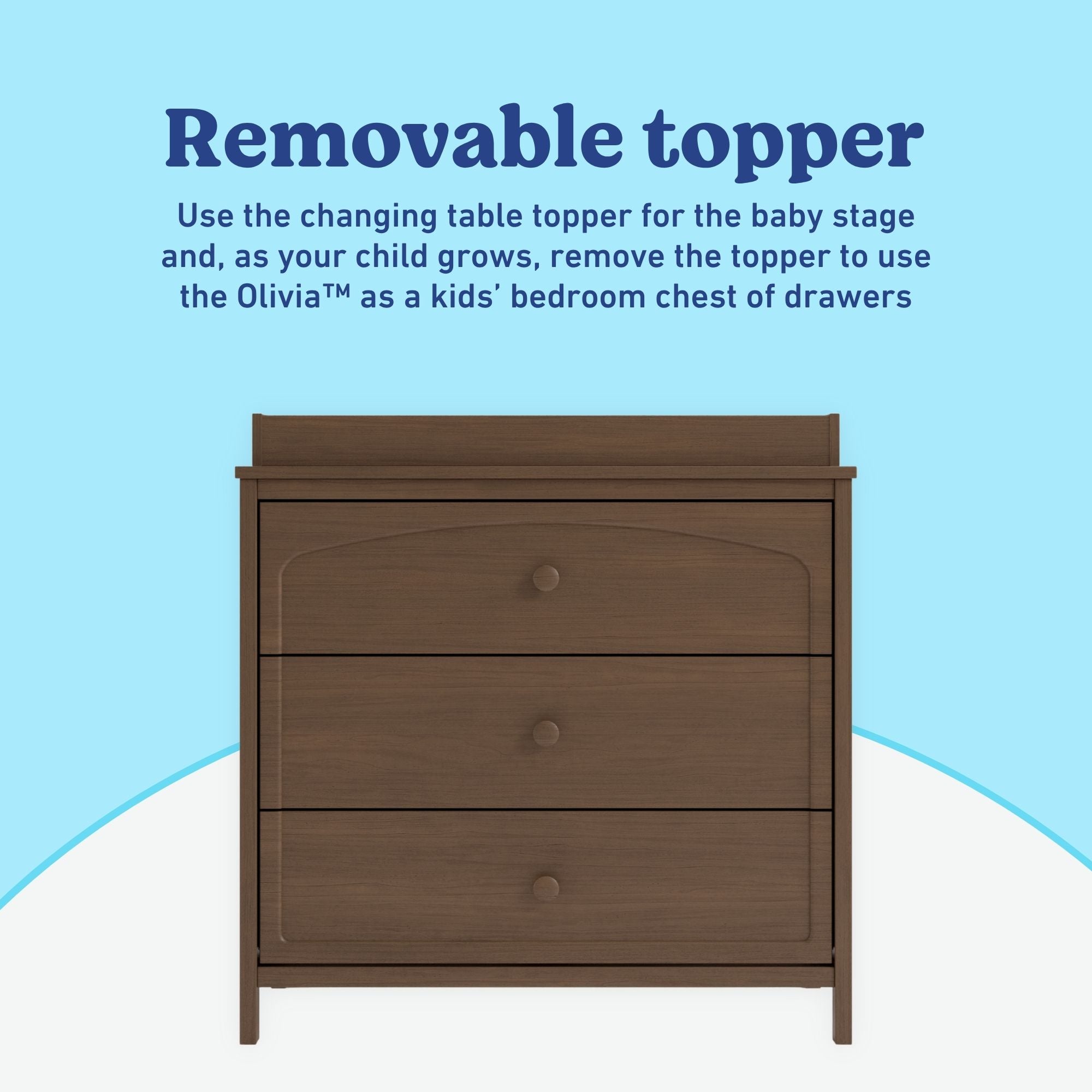 Olivia hazelnut 3 drawer chest with changing topper removable topper callout