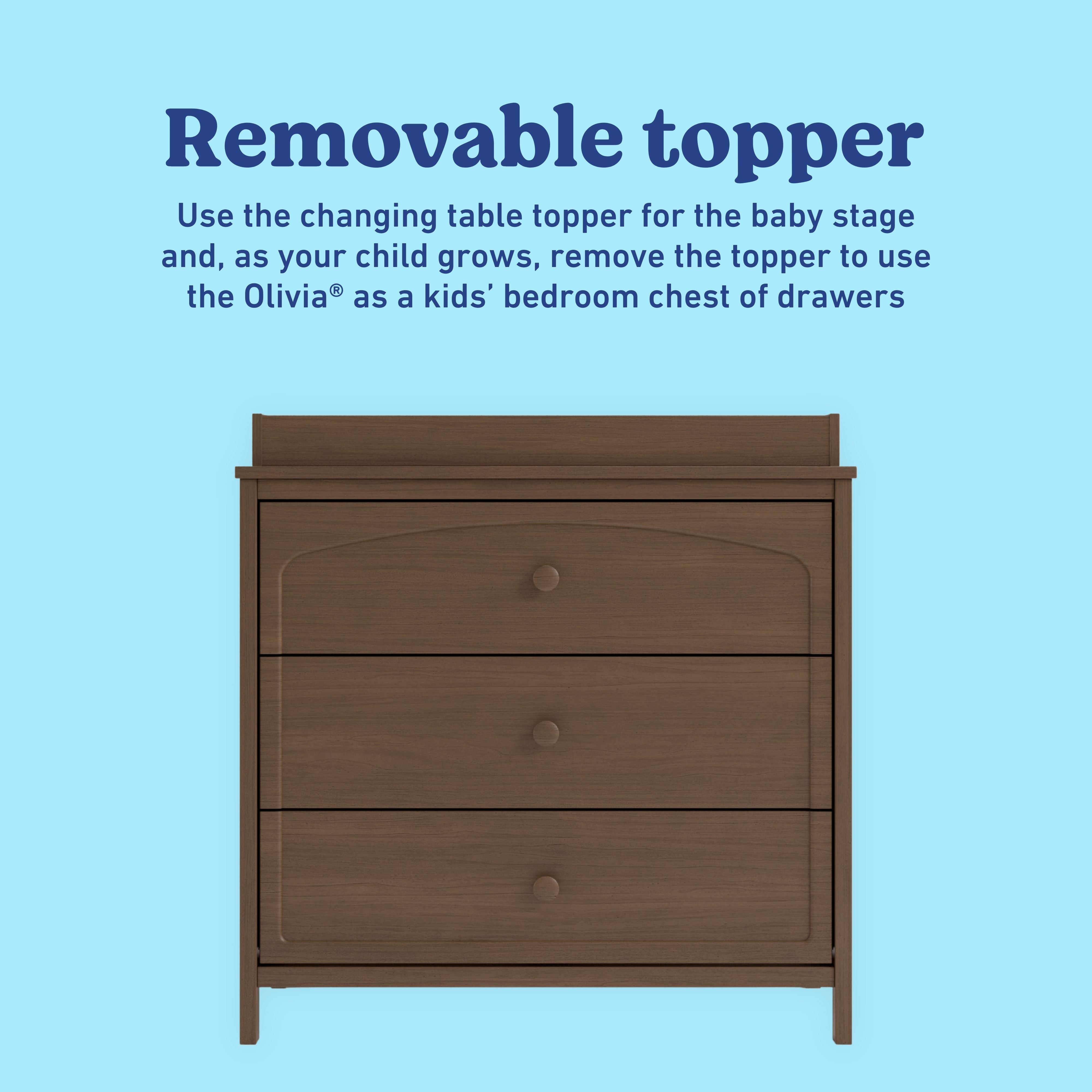 Olivia hazelnut 3 drawer chest with changing topper removable topper callout
