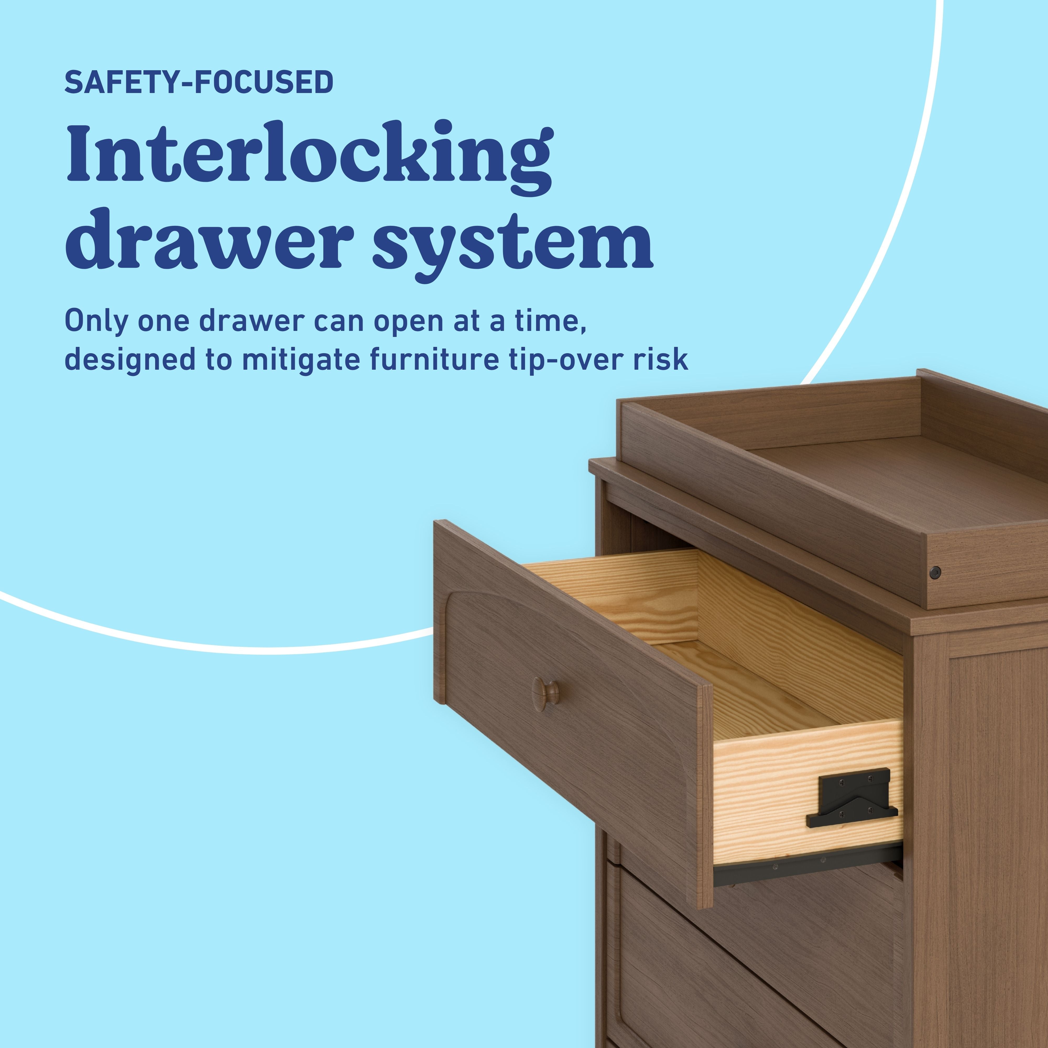 Olivia hazelnut 3 drawer chest with changing topper interlocking drawers callout