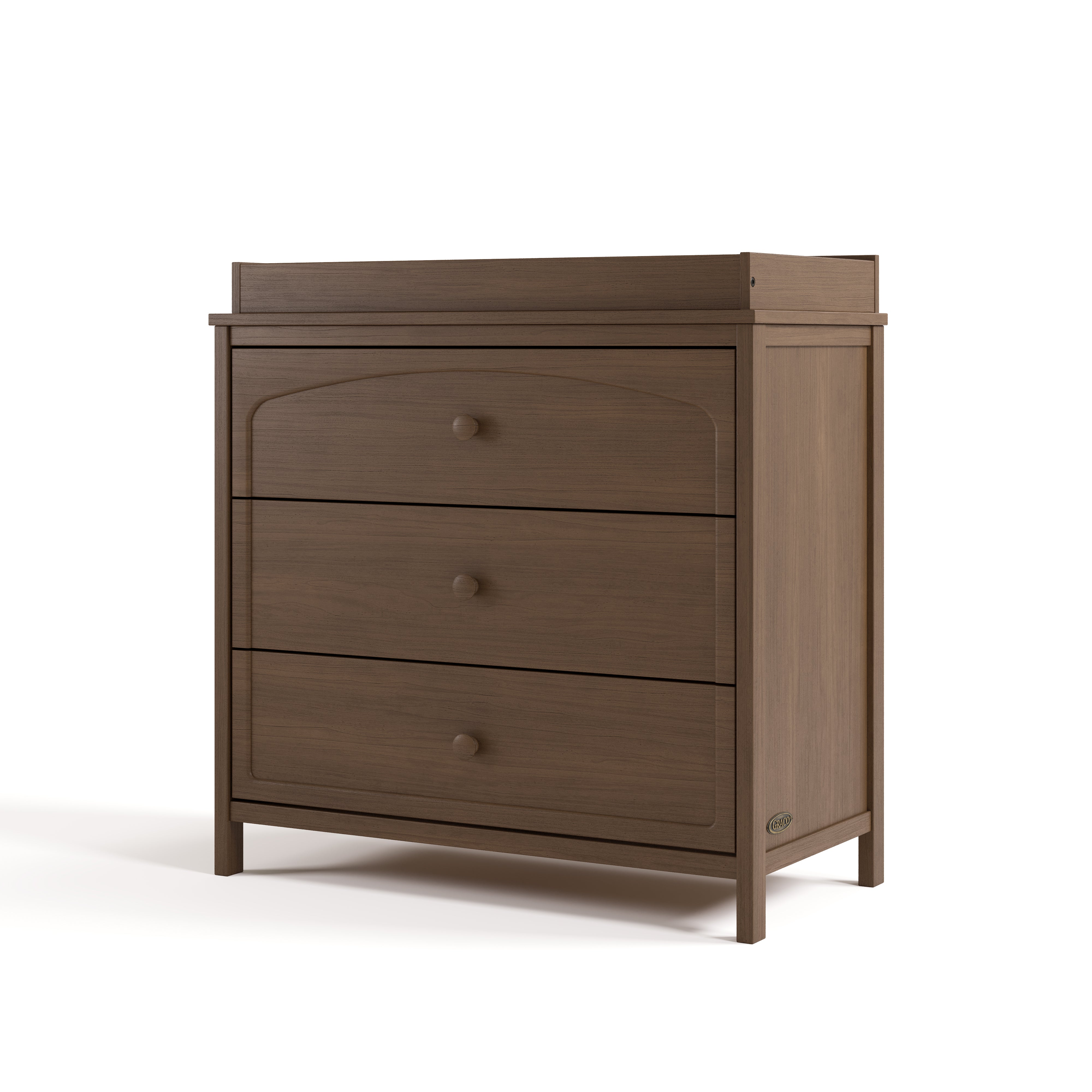Olivia hazelnut 3 drawer chest with changing topper angle view