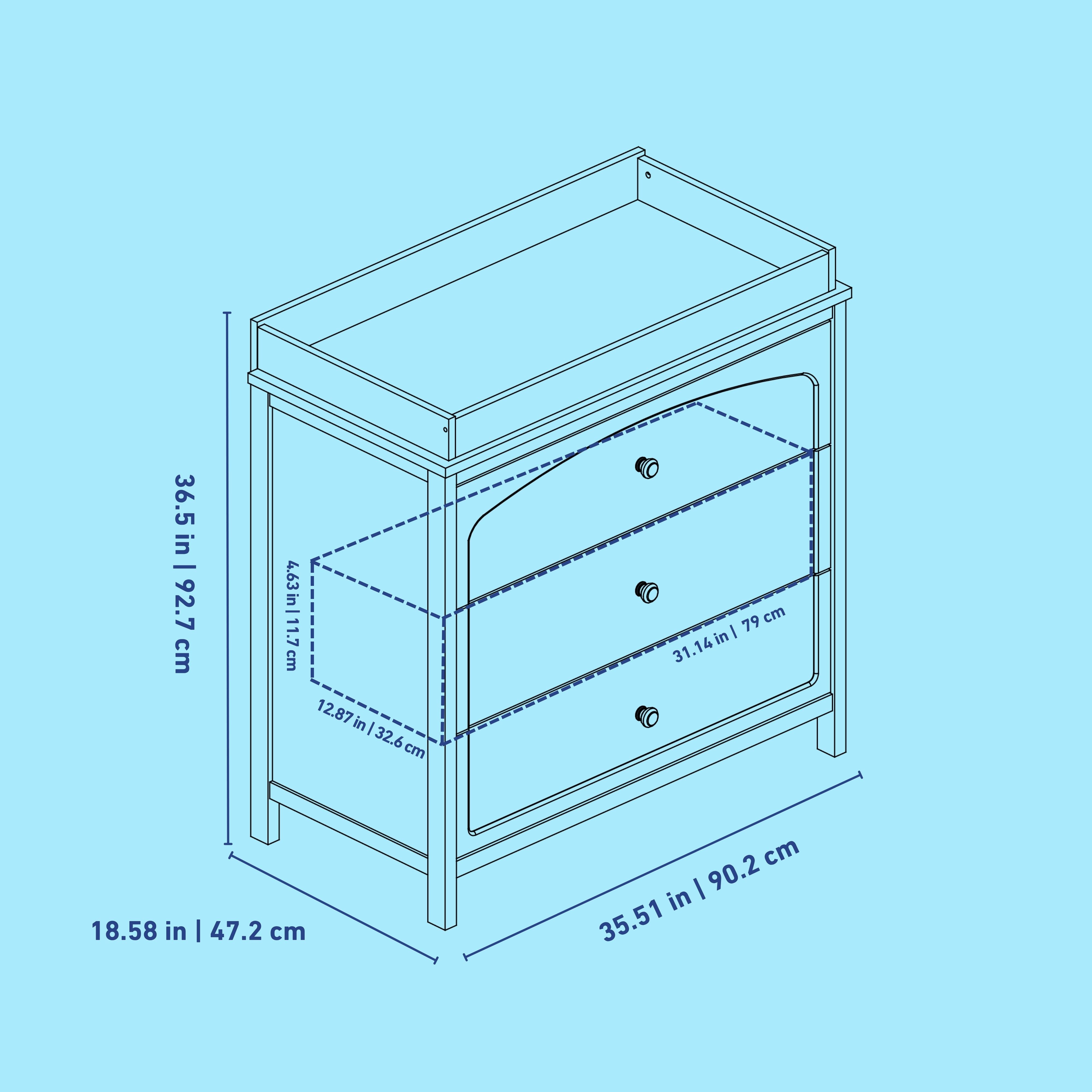 Olivia 3 drawer chest with changing topper line drawing with dimensions