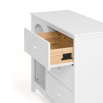 Olivia white 3 drawer combo dresser side view of top drawer open showing interlocking drawer mechanism