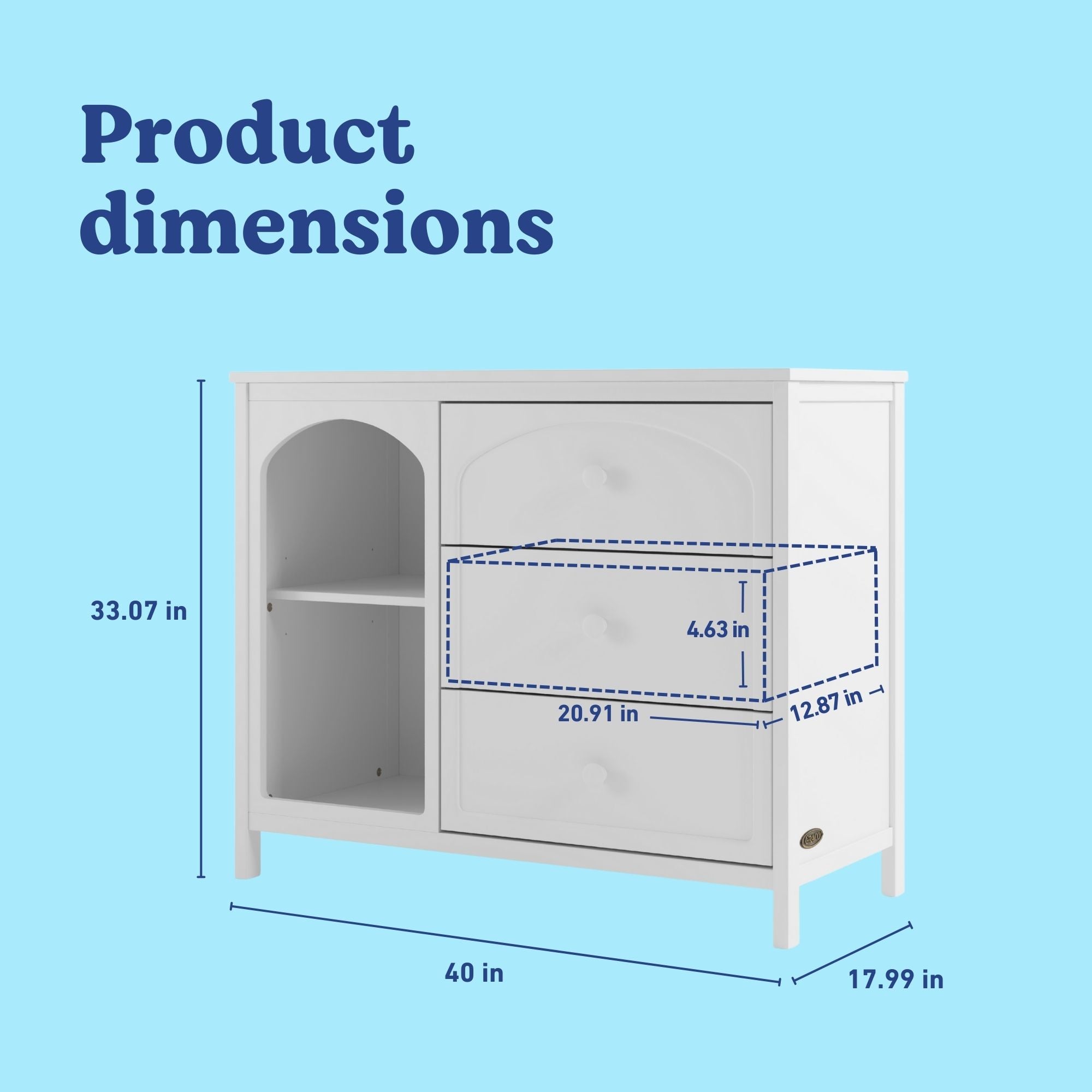 Olivia white 3 drawer combo dresser dimensions callout