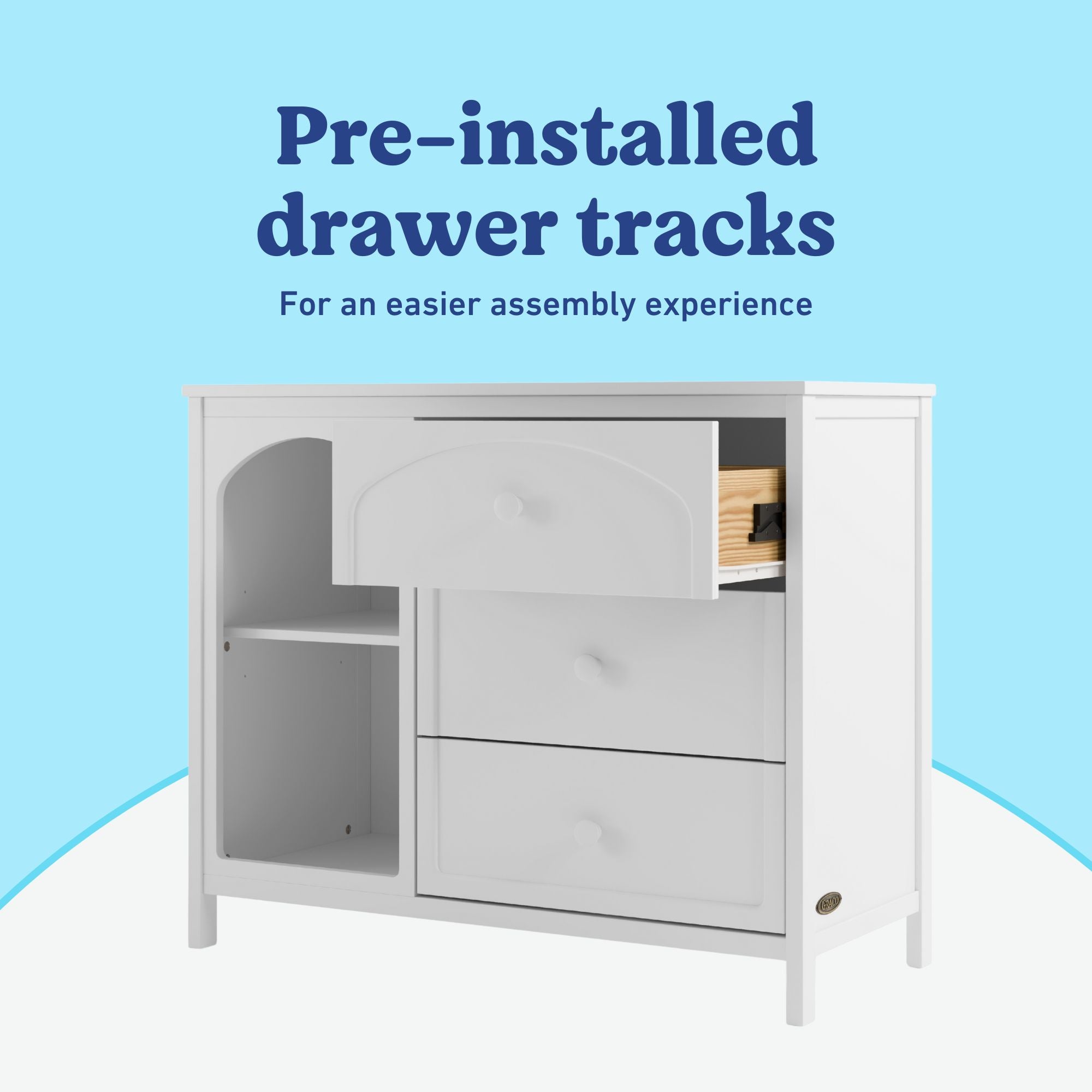 Olivia white 3 drawer combo dresser pre-installed drawer tracks callout