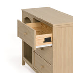 Olivia driftwood 3 drawer combo dresser side view of top drawer open showing interlocking drawer mechanism