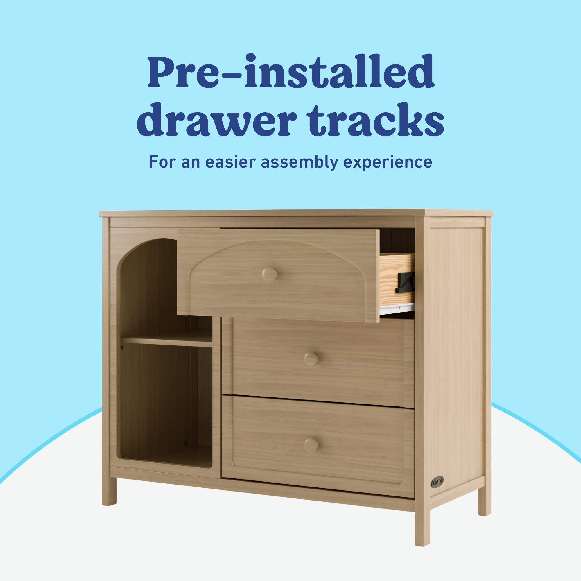 Olivia driftwood 3 drawer combo dresser pre-installed drawer tracks callout