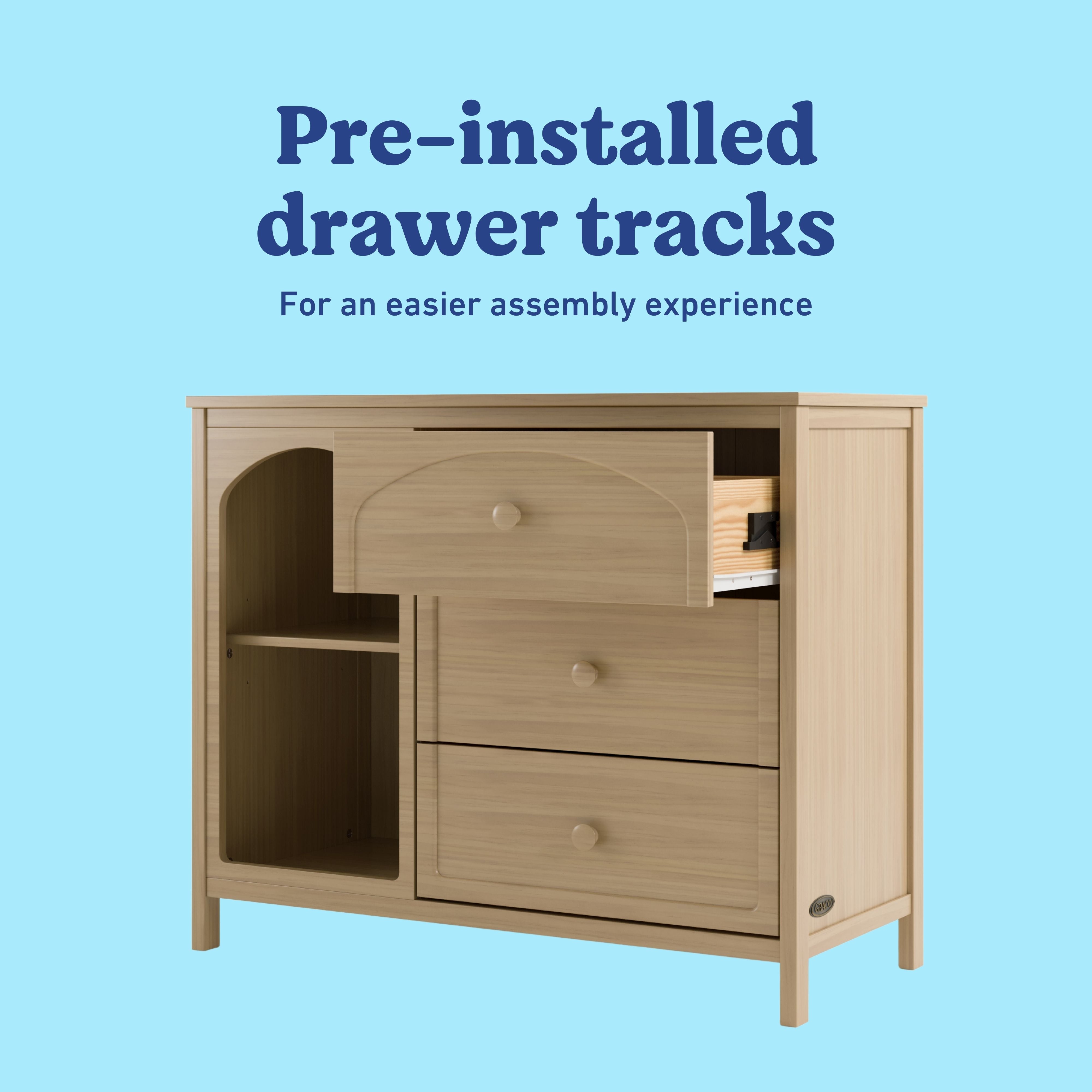 Olivia driftwood 3 drawer combo dresser pre-installed tracks callout