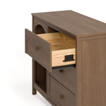 Olivia hazelnut 3 drawer combo dresser side view of top drawer open showing interlocking drawer mechanism