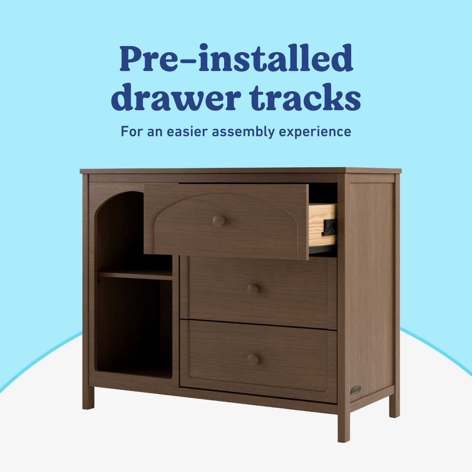 Olivia hazelnut 3 drawer combo dresser pre-installed drawer tracks callout