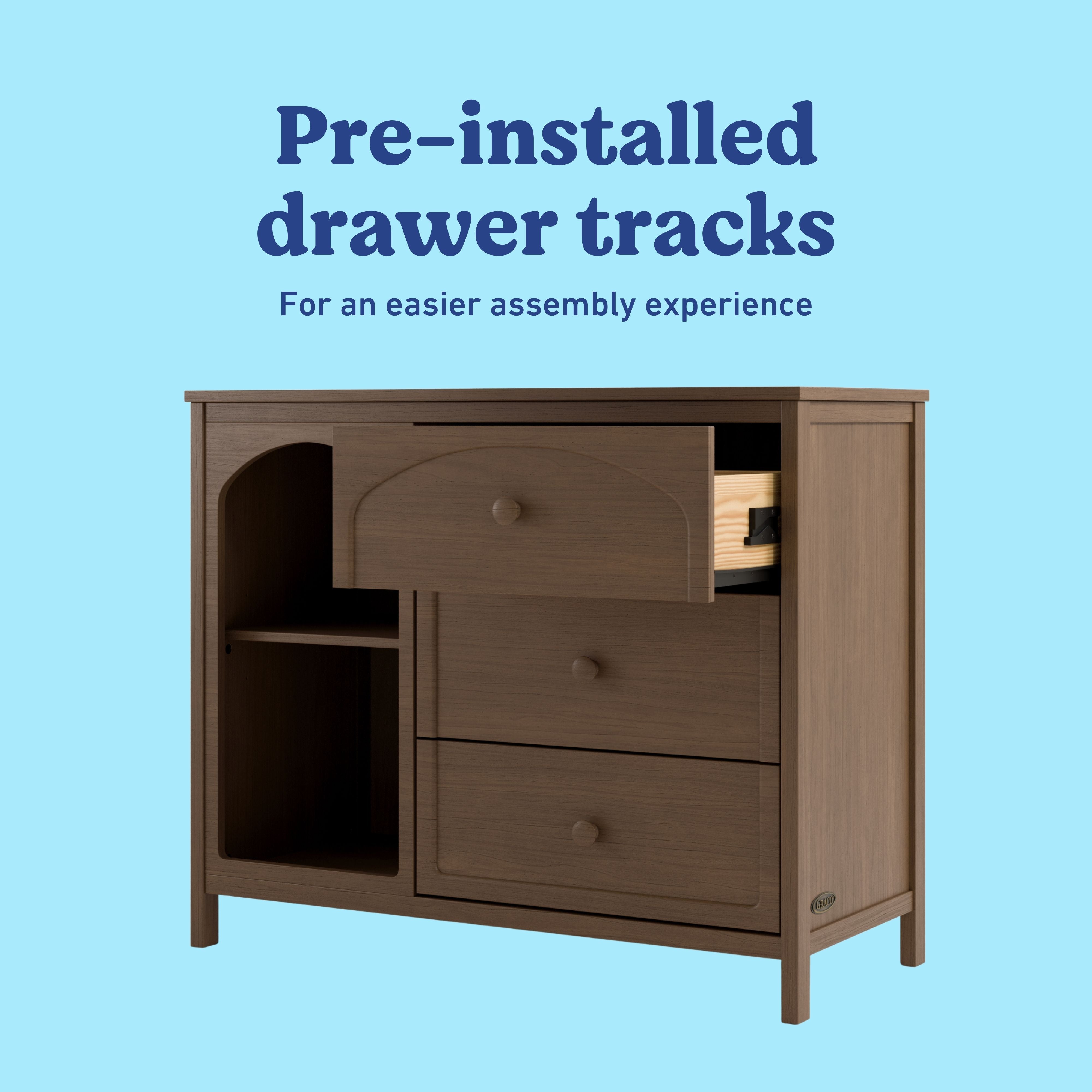Olivia hazelnut 3 drawer combo dresser pre-installed tracks callout