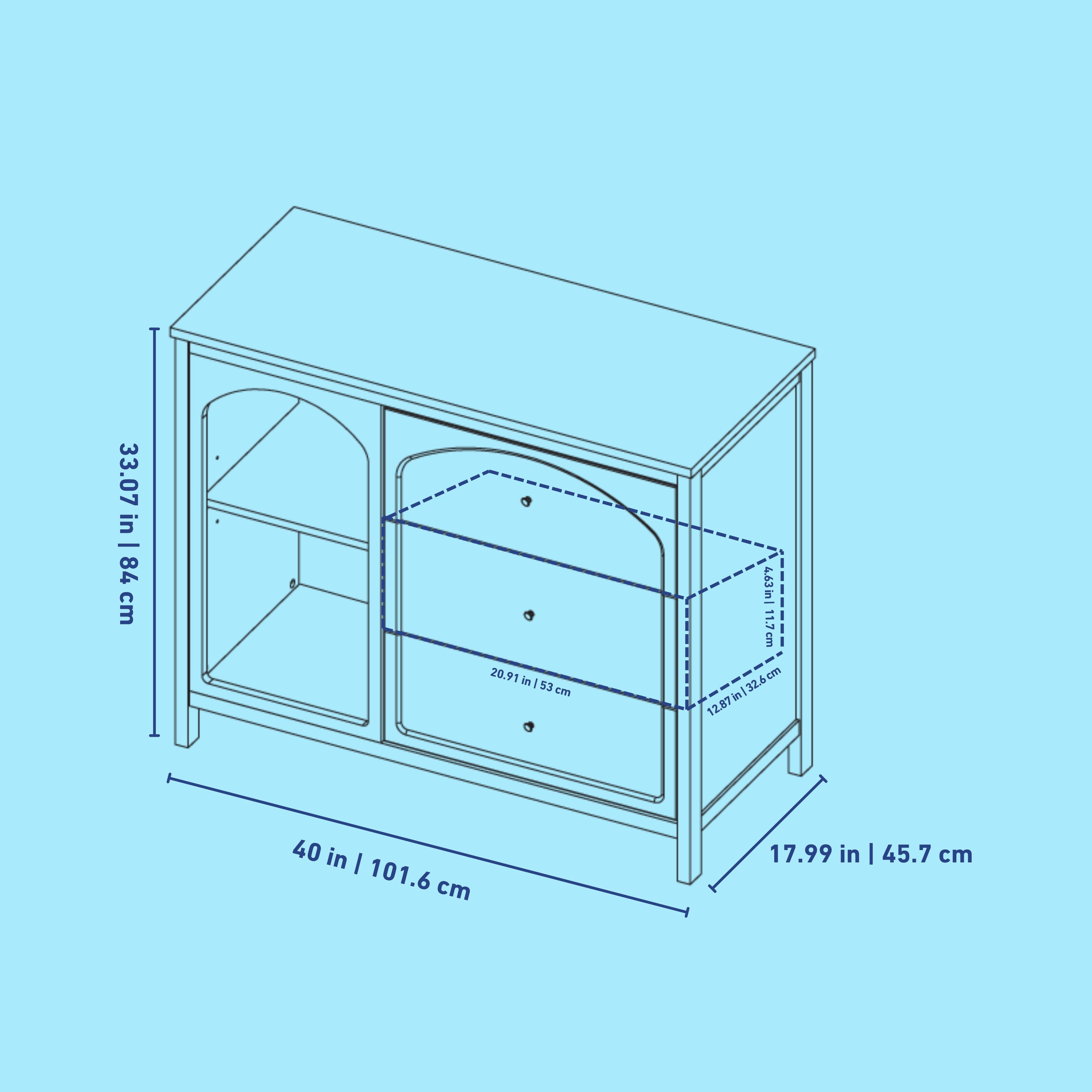 Olivia 3 drawer combo dresser line drawing with dimensions