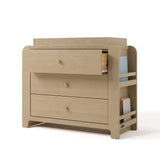 Read-with-Me driftwood 3 drawer chest with changing topper with top drawer open angle view
