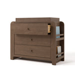 Read-with-Me hazelnut 3 drawer chest with changing topper with top drawer open angle view