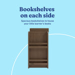 Read-with-Me hazelnut 3 drawer chest with changing topper bookshelves callout
