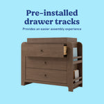 Read-with-Me hazelnut 3 drawer chest with changing topper pre-installed drawer tracks callout