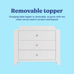Read-with-me white and driftwood 3 drawer chest with changing topper and bookshelves removable topper callout