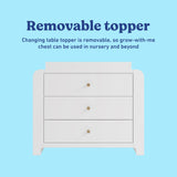 Read-with-me white and driftwood 3 drawer chest with changing topper and bookshelves removable topper callout