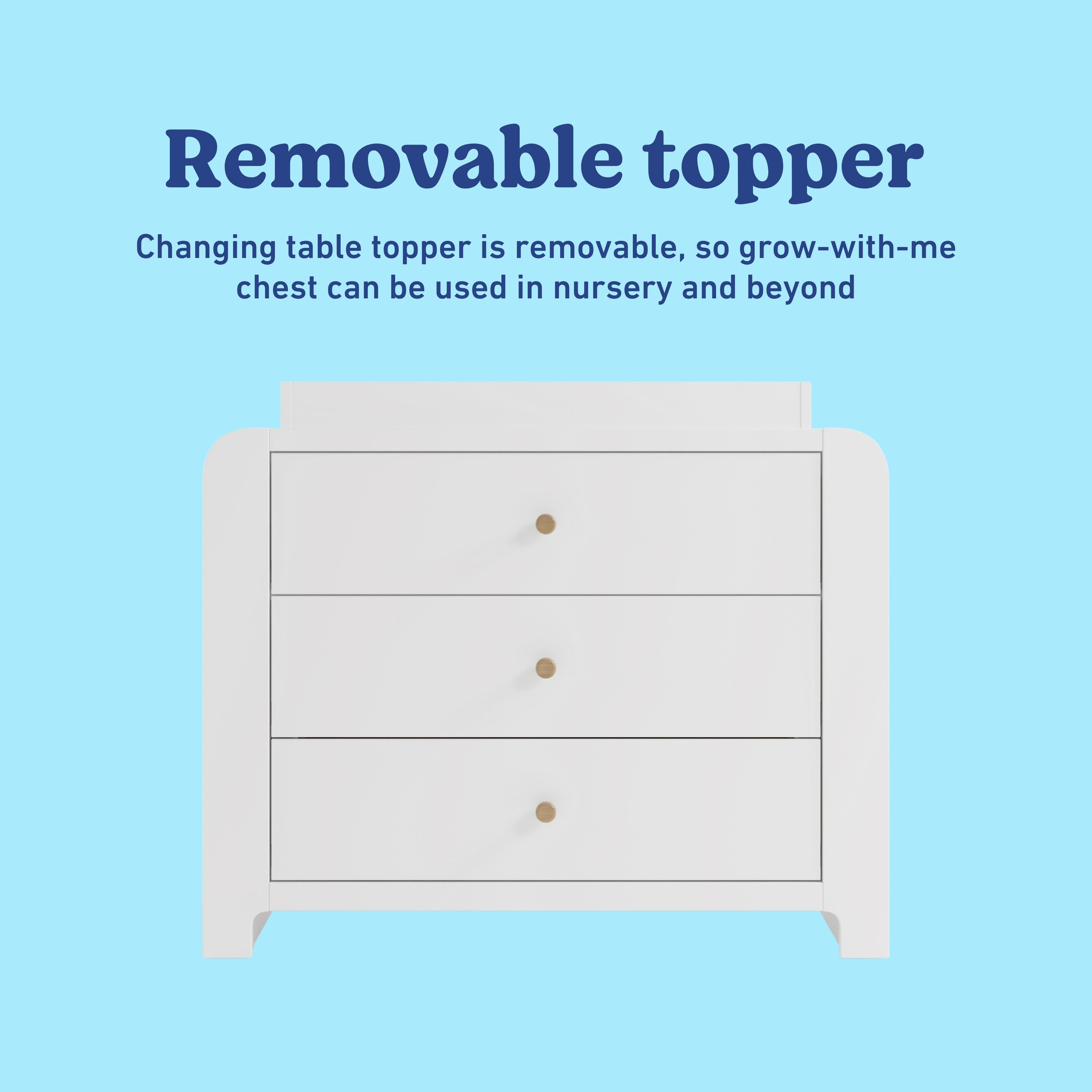 Read-with-me white and driftwood 3 drawer chest with changing topper and bookshelves removable topper callout