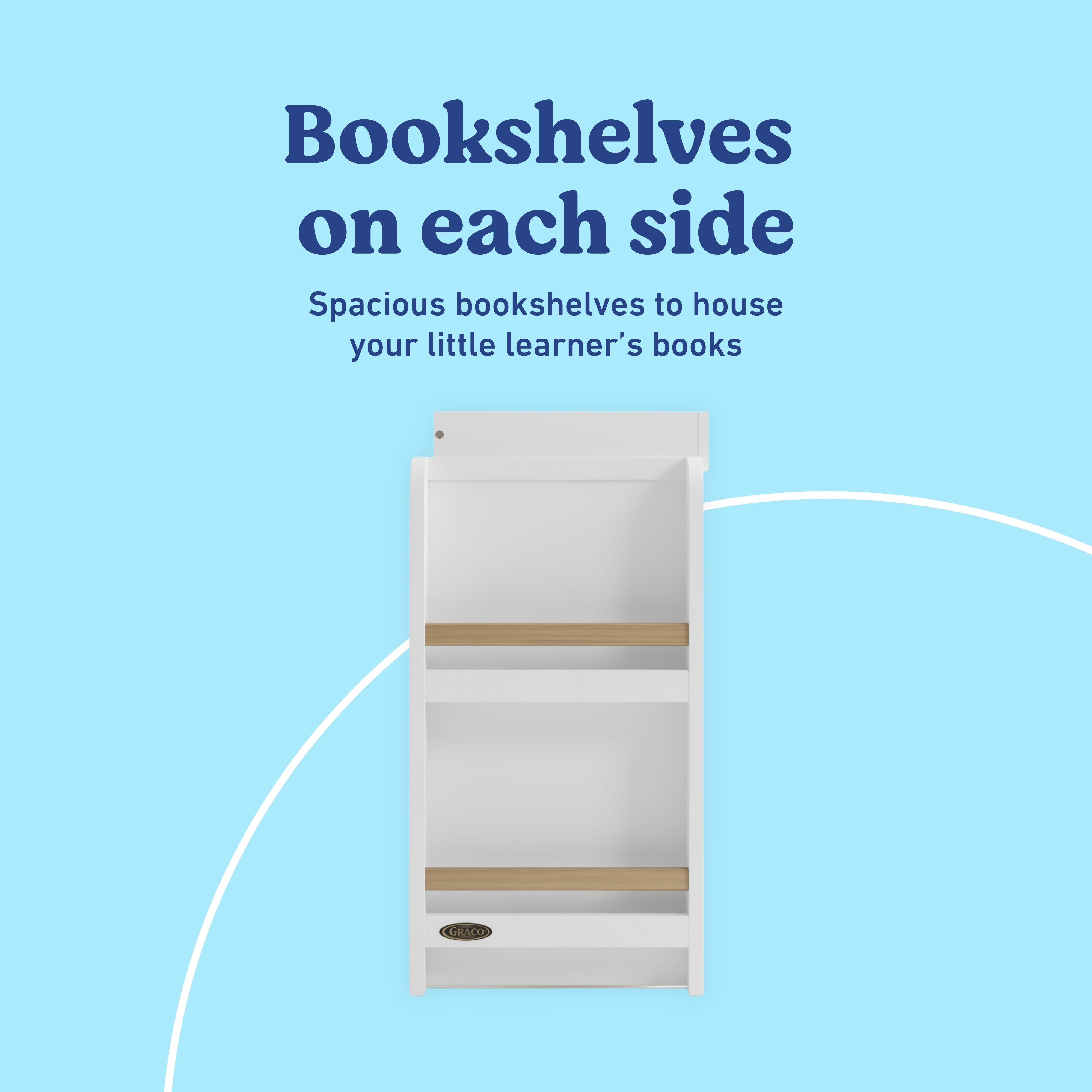 Read-with-me white and driftwood 3 drawer chest with changing topper and bookshelves callout