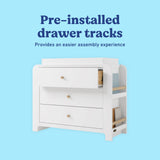 Read-with-me white and driftwood 3 drawer chest with changing topper and bookshelves pre-installed tracks callout