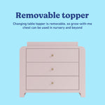 Read-with-me blush and driftwood 3 drawer chest with changing topper and bookshelves removable topper callout