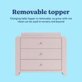 Read-with-me blush and driftwood 3 drawer chest with changing topper and bookshelves removable topper callout