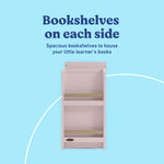 Read-with-me blush and driftwood 3 drawer chest with changing topper and bookshelves callout