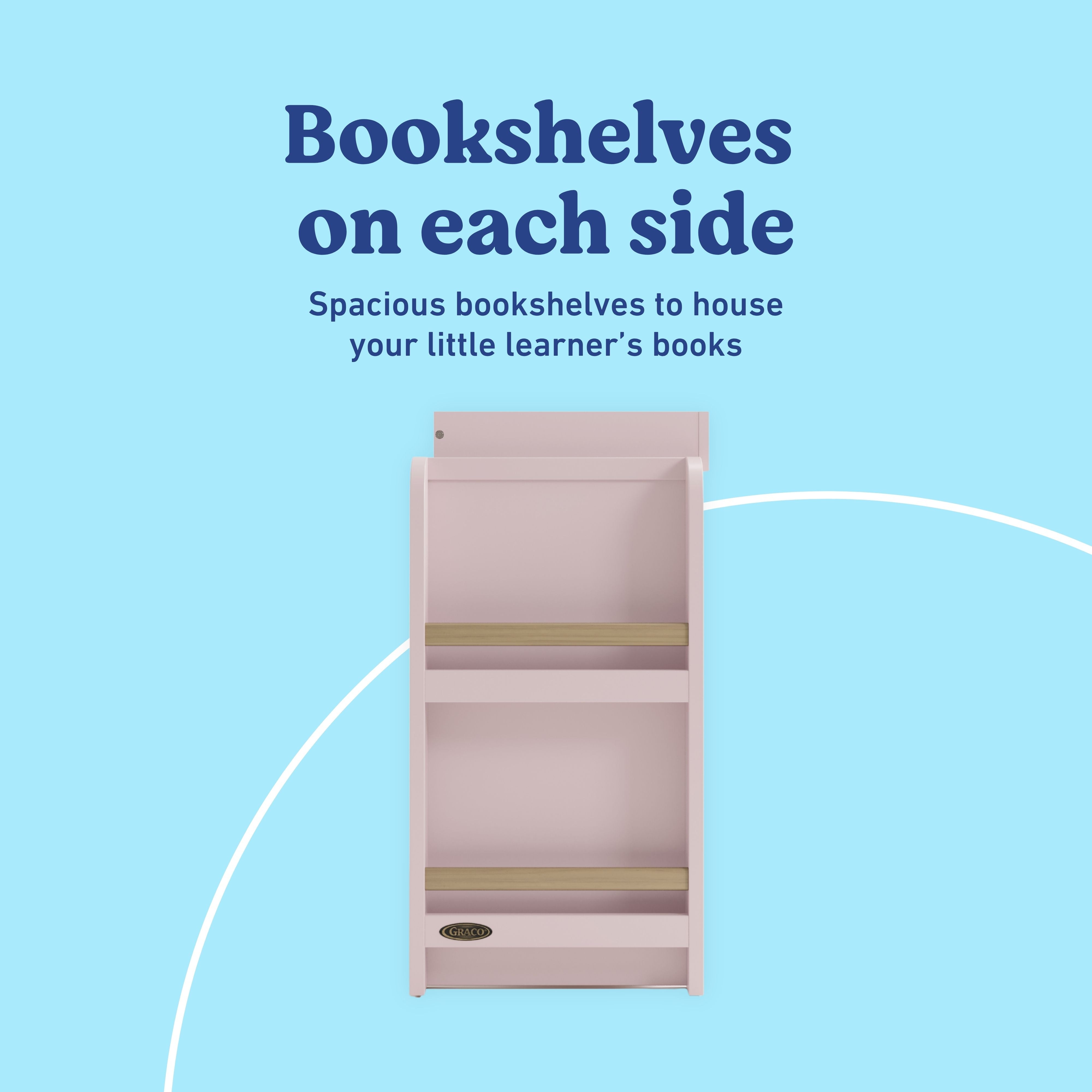 Read-with-me blush and driftwood 3 drawer chest with changing topper and bookshelves callout