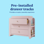 Read-with-me blush and driftwood 3 drawer chest with changing topper and bookshelves pre-installed tracks callout