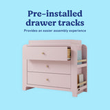 Read-with-me blush and driftwood 3 drawer chest with changing topper and bookshelves pre-installed tracks callout