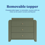 Read-with-me olive and driftwood 3 drawer chest with changing topper and bookshelves removable topper callout