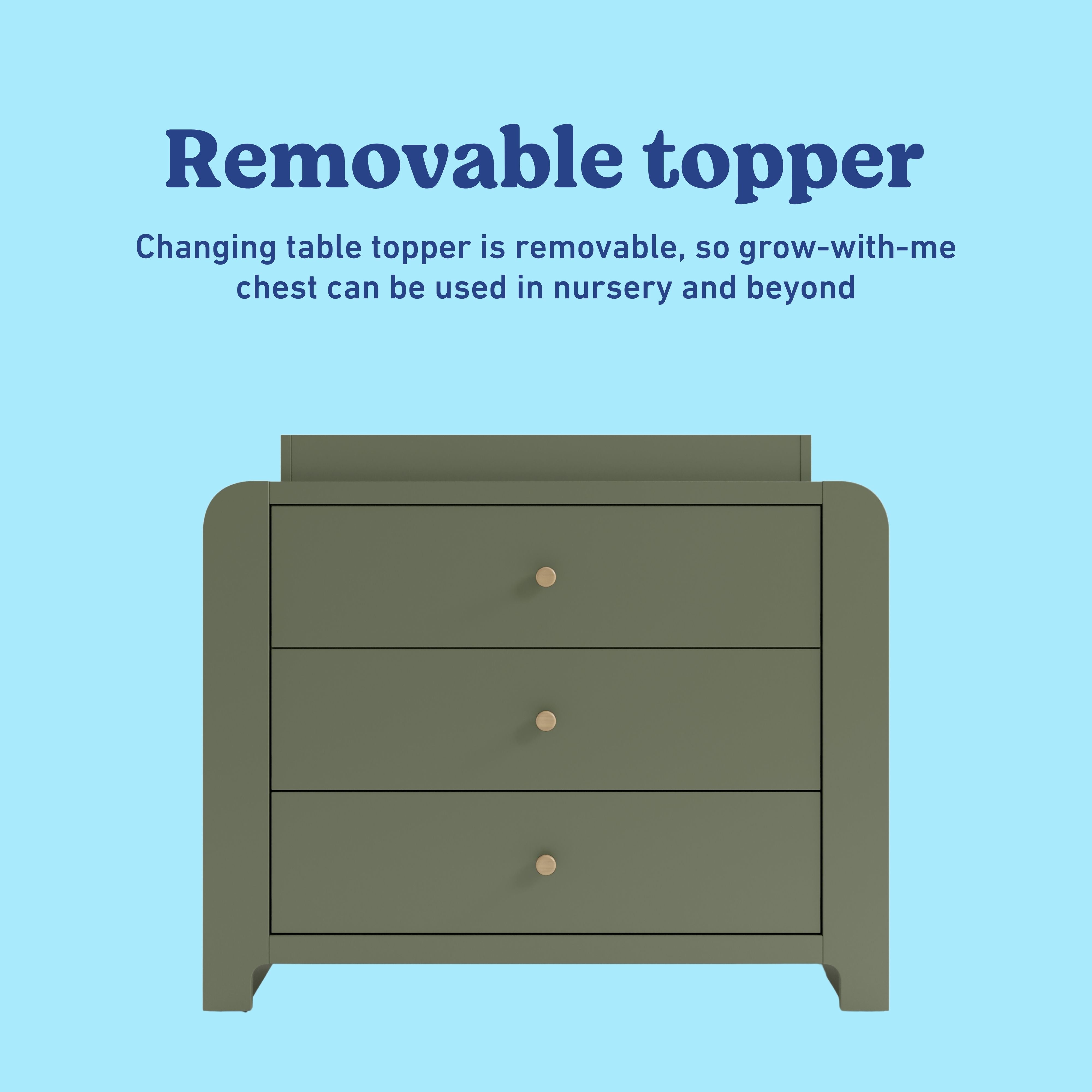 Read-with-me olive and driftwood 3 drawer chest with changing topper and bookshelves removable topper callout