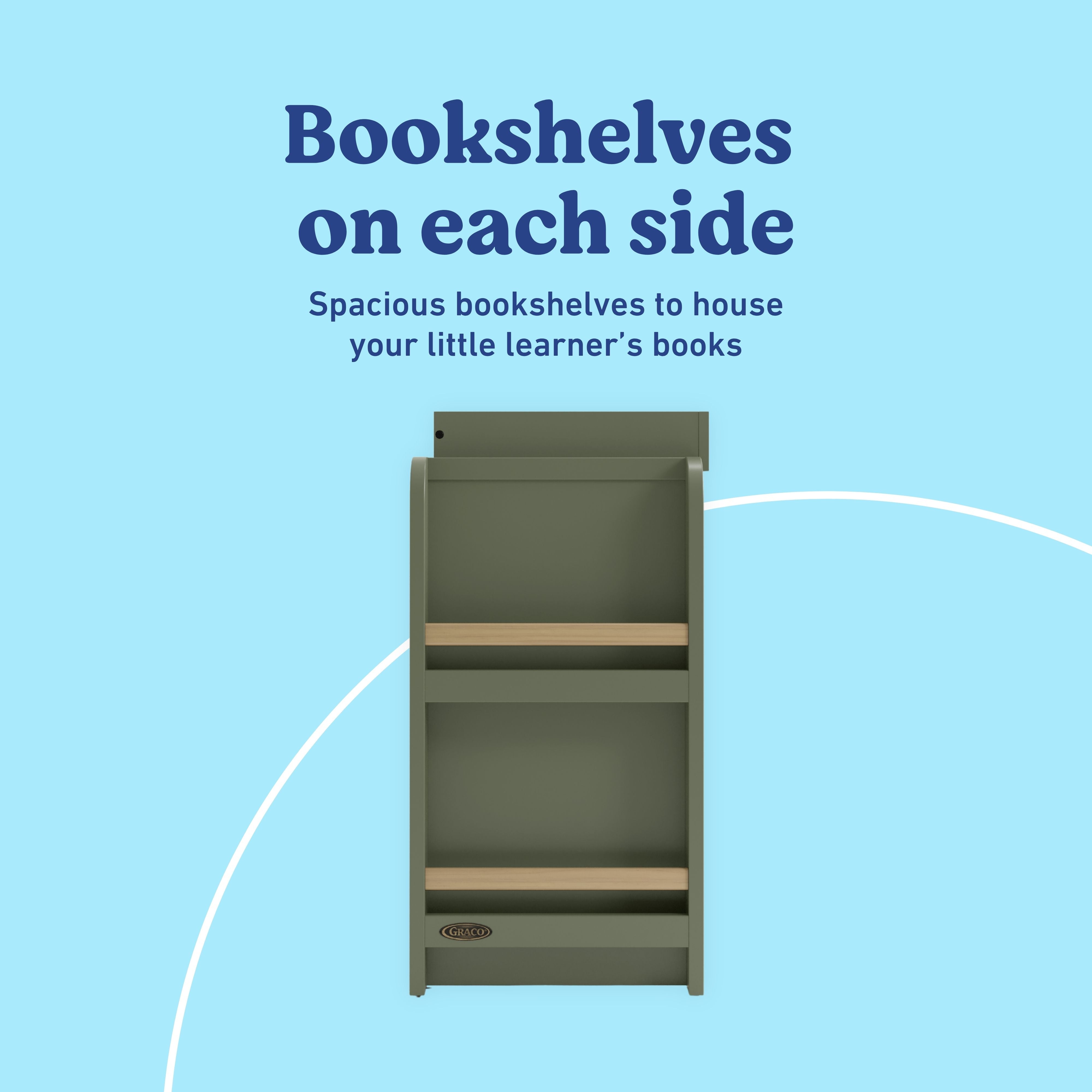 Read-with-me olive and driftwood 3 drawer chest with changing topper and bookshelves callout
