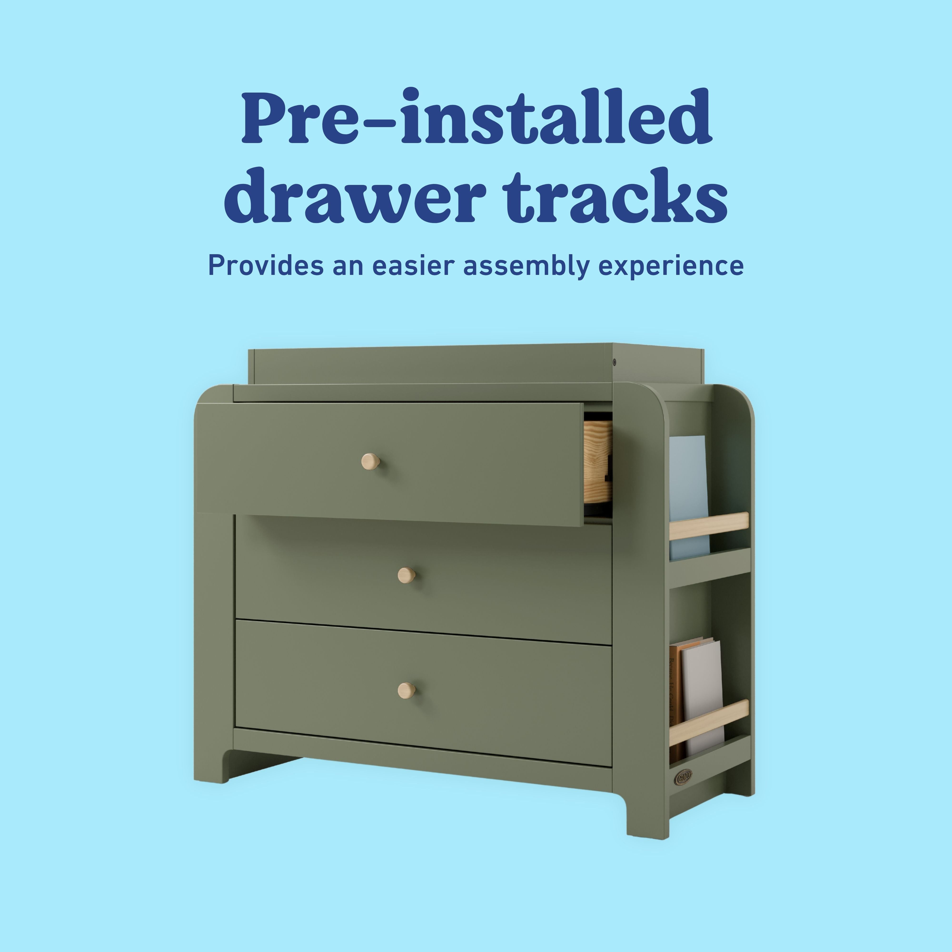 Read-with-me olive and driftwood 3 drawer chest with changing topper and bookshelves pre-installed tracks callout