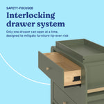 Read-with-me olive and driftwood 3 drawer chest with changing topper and bookshelves interlocking drawers callout