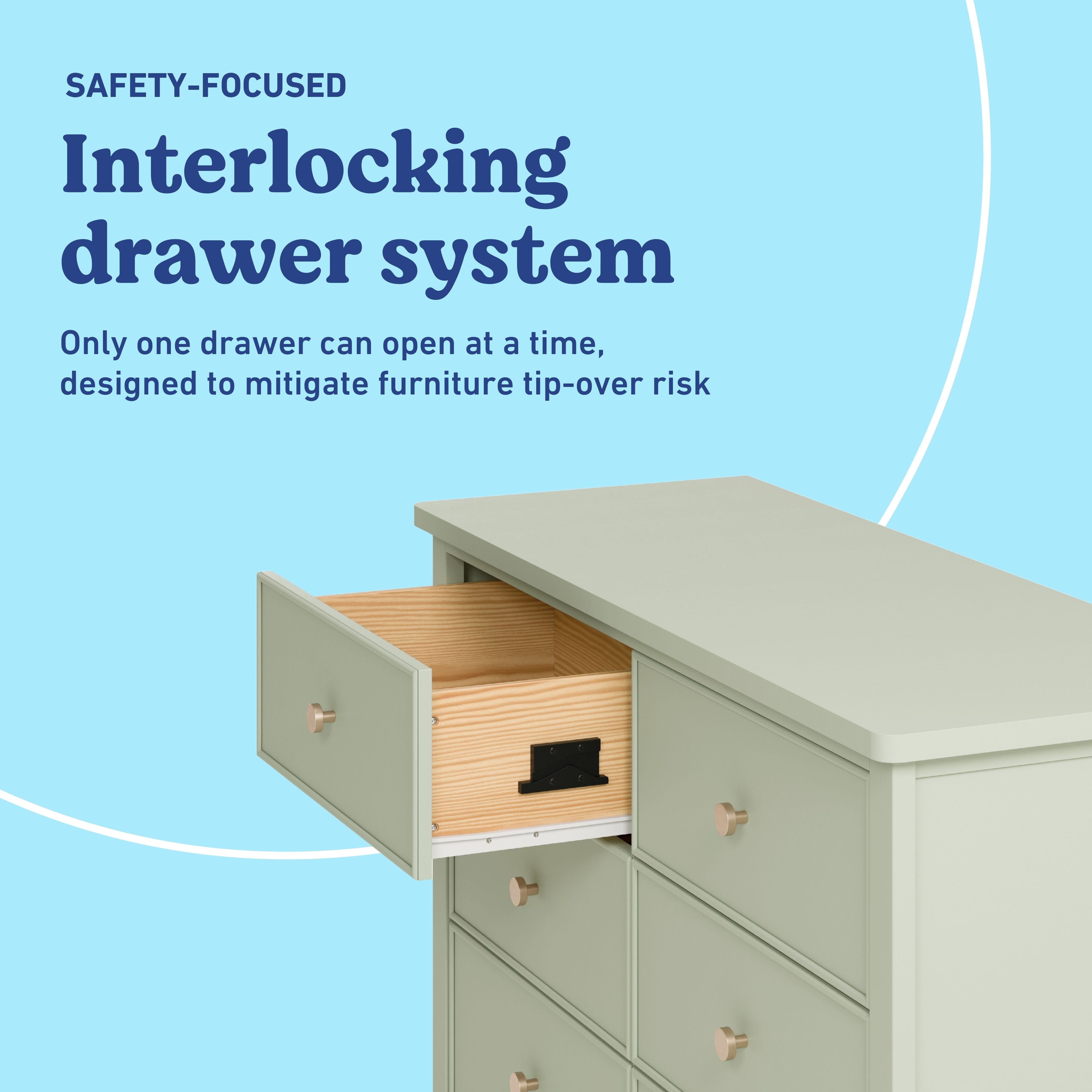 Graco Sasha 6 Drawer Dresser in Sage Interlocking drawers
